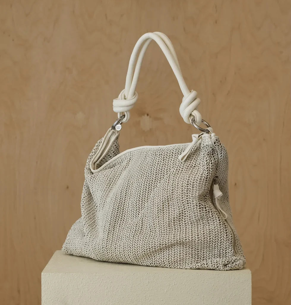 Knotted-handle woven mesh tote bag