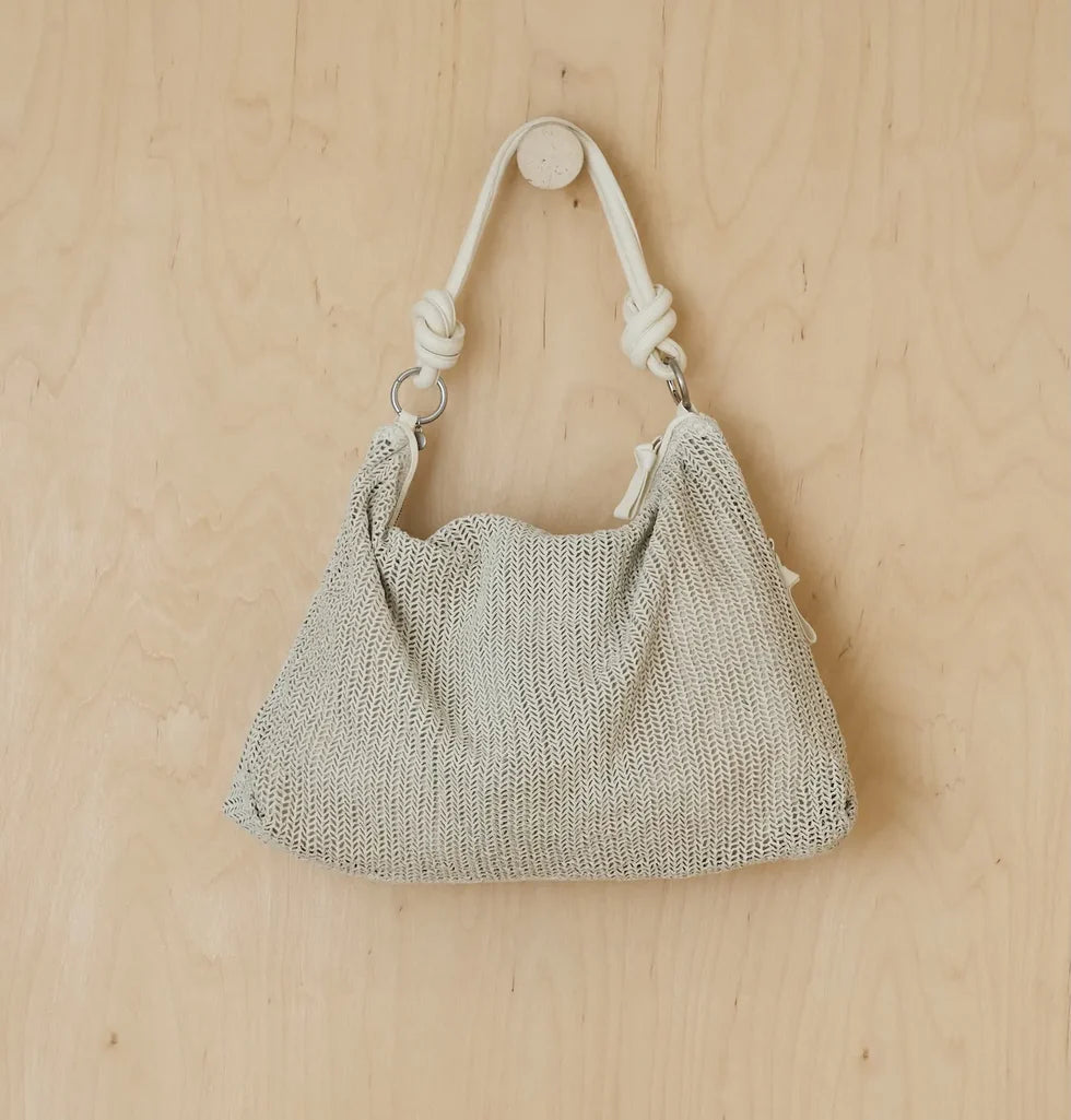 Knotted-handle woven mesh tote bag