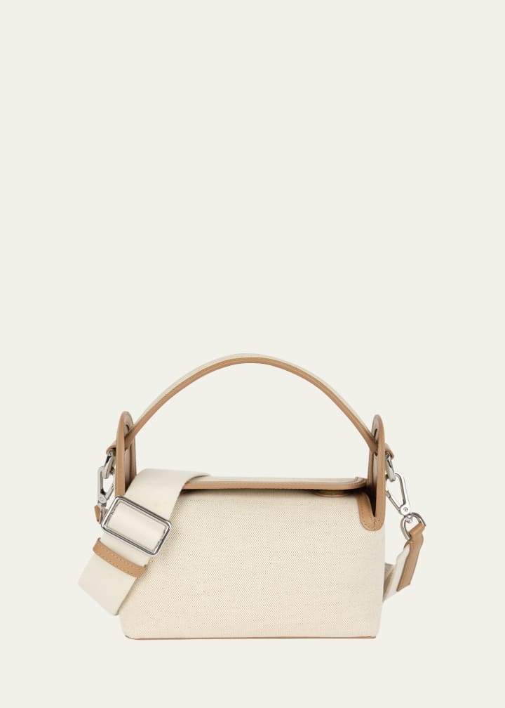 Canvas and leather box-style convertible crossbody/top-handle bag