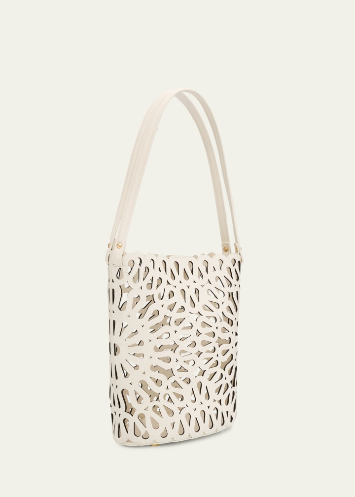 Laser-cut leather bucket shoulder bag