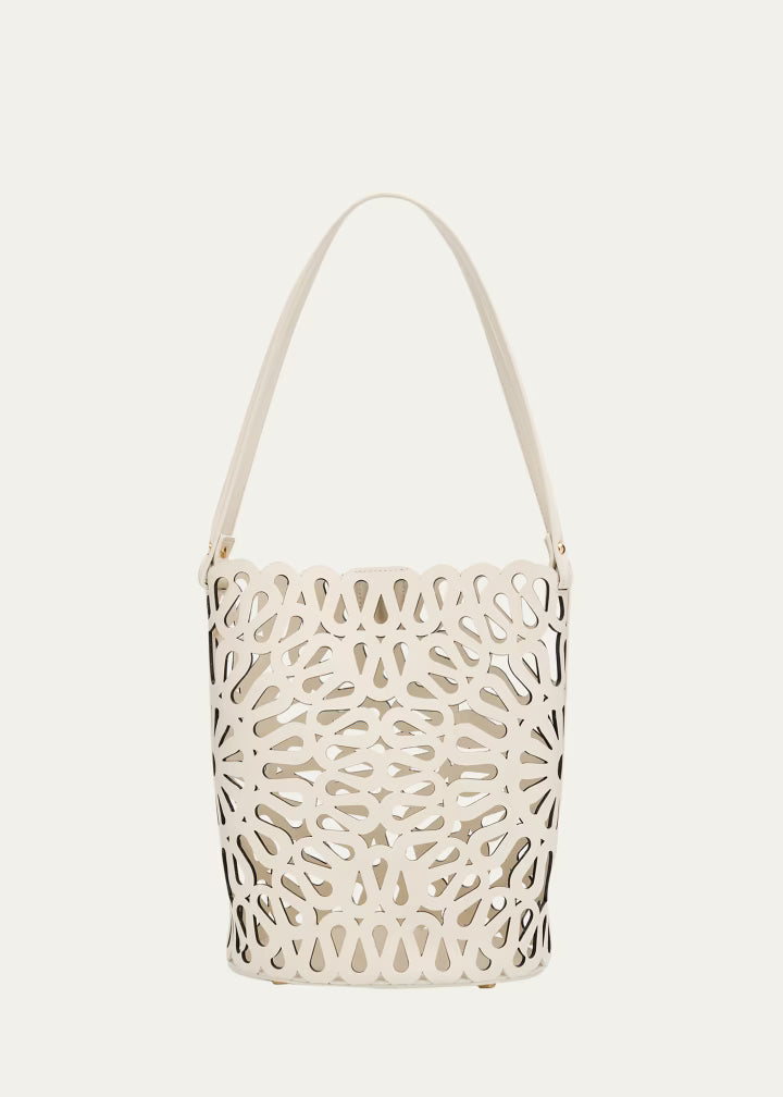 Laser-cut leather bucket shoulder bag